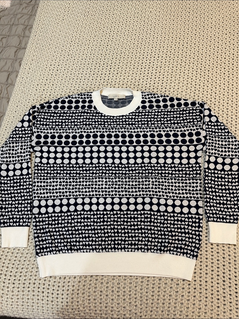 LOFT Black and White Geometric Dot and Heart Crewneck Sweater